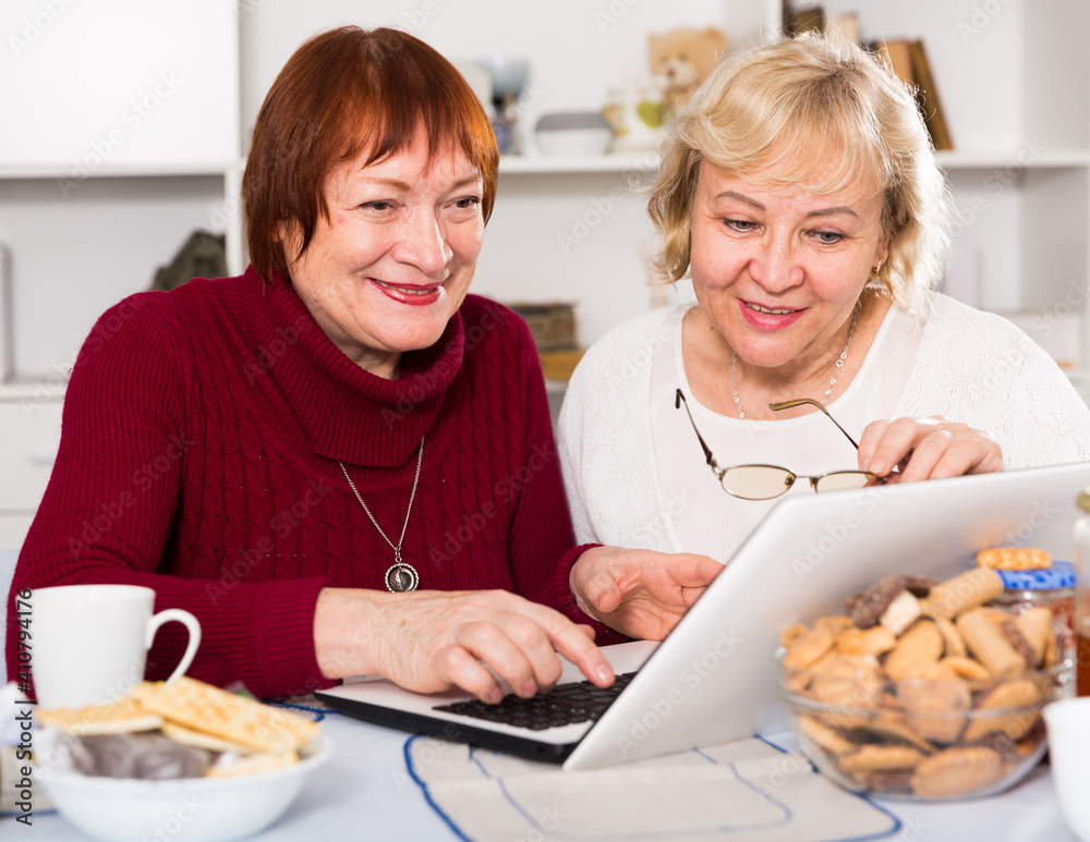 Two smiling elderly women enjoying time at home, drinking tea and using laptop