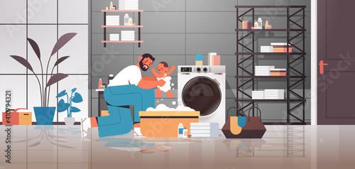 young father bathing little son in small bath tub fatherhood parenting concept dad spending time with baby at home bathroom interior full length horizontal vector illustration