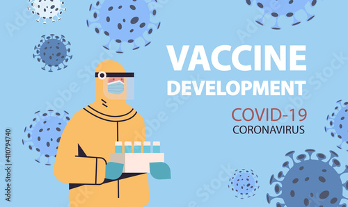 scientist developing new coronavirus vaccine in lab researcher in protective suit working holding test tubes vaccine development fight against covid-19 concept horizontal portrait vector illustration