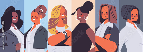 set mix race businesswomen avatars collection women's team concept successful business people group horizontal portrait vector illustration
