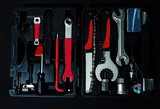Bicycle repair tool kit. isolated black background