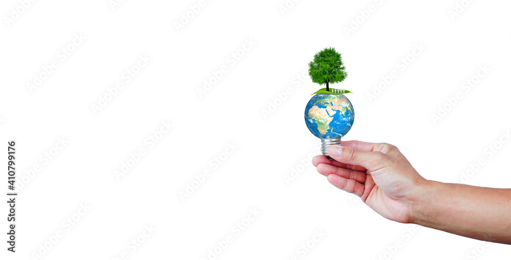 The people standing under a tree with the earth in a light bulb on white background. green energy for environment and save the earth ecology concept.