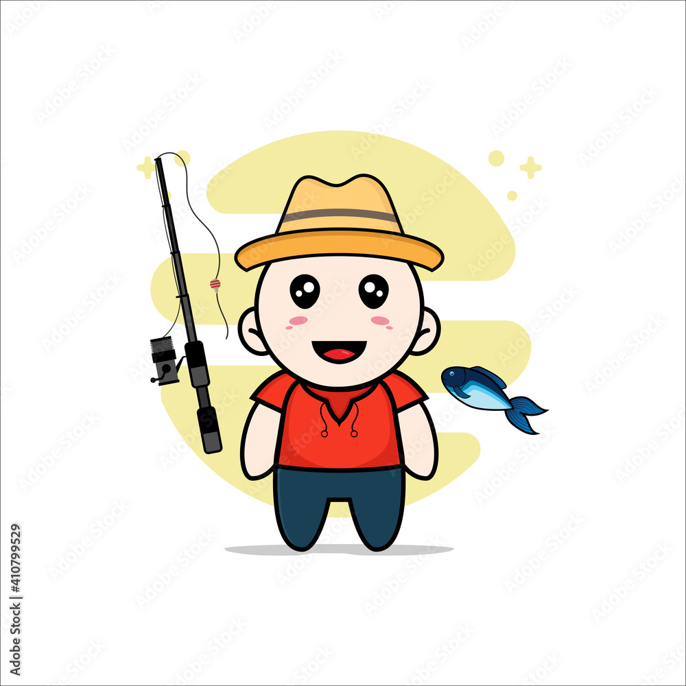 Obraz premium Cute kids character holding a fishing rod.