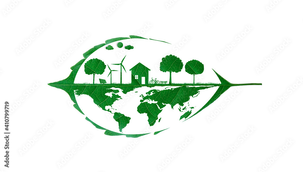 Natural and technology. The house with turbine and solar cell clean energy object cutting green leaf. Save the earth and environment green natural ecology. Natural and technology. The house with turbine and solar cell clean energy object cutting green leaf. Save the earth and environment green natural ecology.