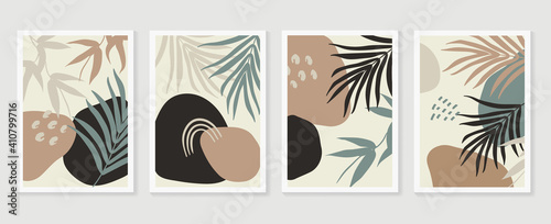 Botanical wall art background vector set.Earth tone natural colors foliage line art boho plants drawing with abstract shape. Mid century modern design for prints, poster, cover and wallpaper.