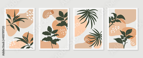 Wallpaper Mural Botanical wall art background vector set.Earth tone natural colors foliage line art  boho plants drawing with abstract shape. Mid century modern design for prints, poster, cover and wallpaper. Torontodigital.ca