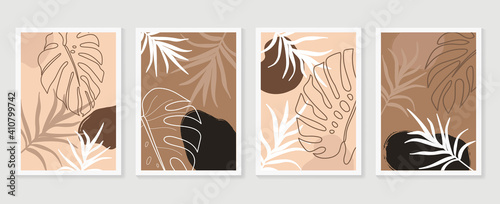 Botanical wall art background vector set.Earth tone natural colors foliage line art  boho plants drawing with abstract shape. Mid century modern design for prints, poster, cover and wallpaper.
