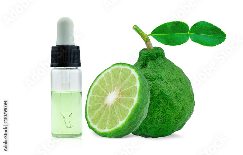 Bergamot fruit with extract oil on white background.  Sour food fruit. Herb for use a cosmetic product in beauty treatment.