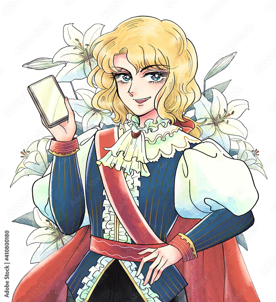 昭和の少女漫画風 スマホを持つ王子様 男装の麗人 花の背景 Illustration Stock Adobe Stock