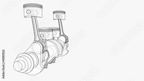 Animation of crankshaft and four pistons. Wire-frame or blueprint style