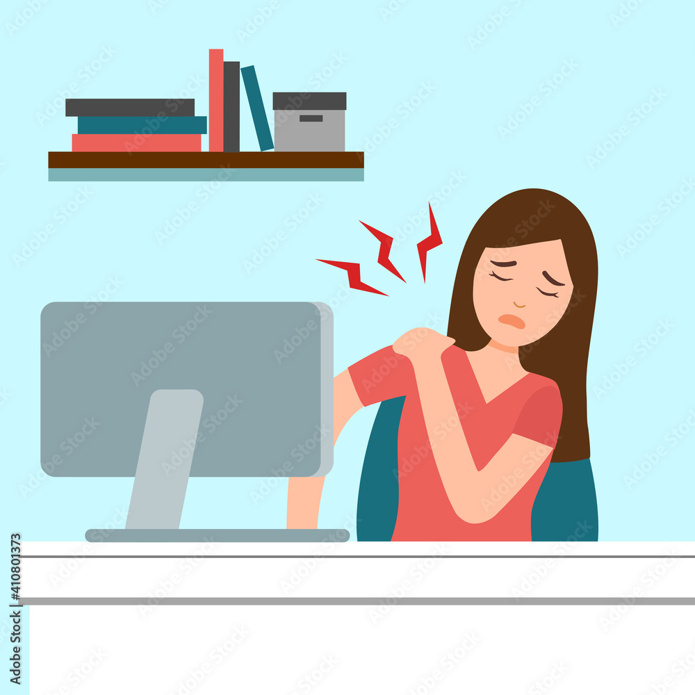 Office syndrome concept vector illustration. Businesswoman has neck and  shoulder pain symptom at workplace. Bone or muscle problem. Векторный  объект Stock | Adobe Stock