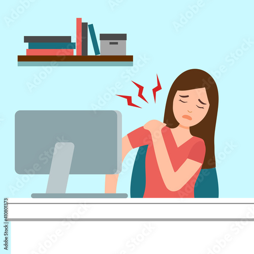 Office syndrome concept vector illustration. Businesswoman has neck and shoulder pain symptom at workplace. Bone or muscle problem.