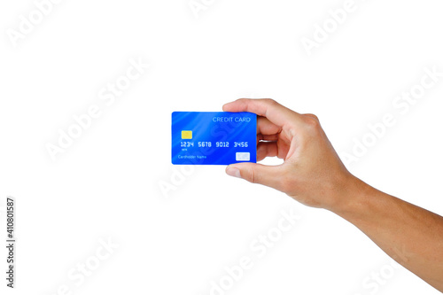 hand holding a blue credit card on white background with clipping path. shopping on line on buy-sell with e-commerce technology.