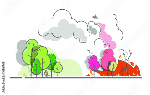 Burning forest spruces in fire flames clip art template, nature disaster concept isolated illustration,