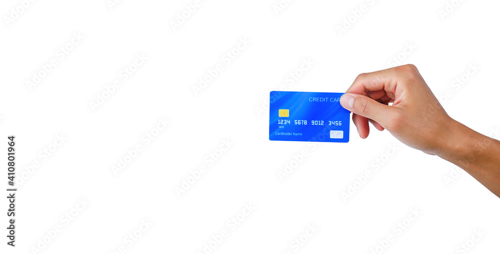 hand holding a blue credit card on white background with clipping path. shopping on line on buy-sell with e-commerce technology. hand holding a blue credit card on white background with clipping path. shopping on line on buy-sell with e-commerce technology.