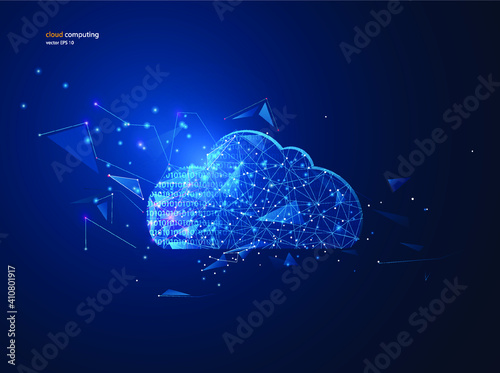 Cloud computing online storage low poly. Blue glowing global file exchange available background vector illustration