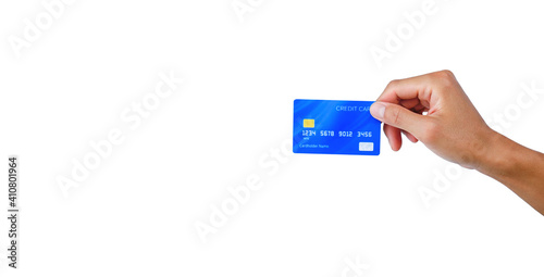 hand holding a blue credit card on white background with clipping path. shopping on line on buy-sell with e-commerce technology.