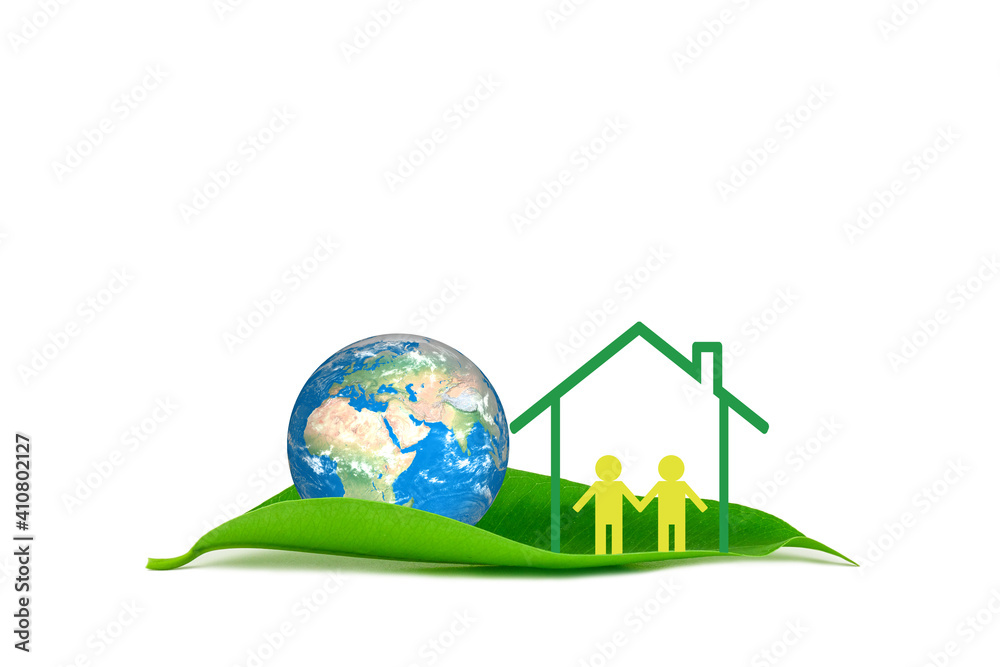 The earth and the people in home on green leaf on white background. save the earth concept. The earth and the people in home on green leaf on white background. save the earth concept.