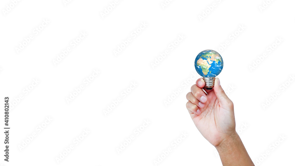 The earth in a light bulb on white background. green energy for environment and save the earth ecology concept. The earth in a light bulb on white background. green energy for environment and save the earth ecology concept.