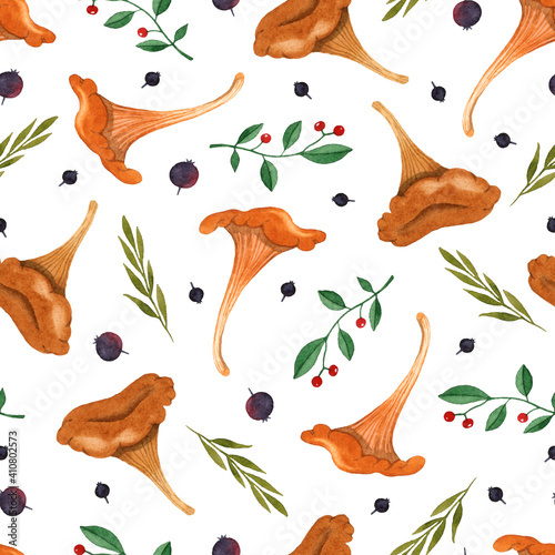 Mushroom herbs watercolor seamless pattern on white background	