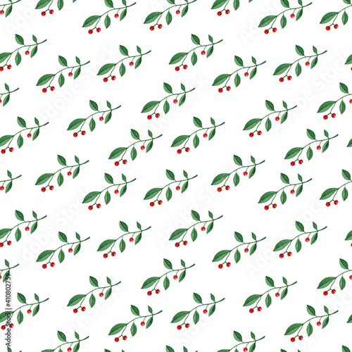 Red berry branch watercolor seamless pattern