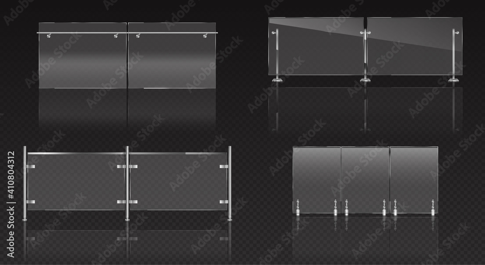 Glass fence section, plexiglass balustrade with metal railing and