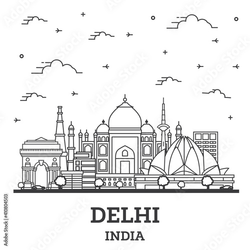 Outline Delhi India City Skyline with Historic Buildings Isolated on White.