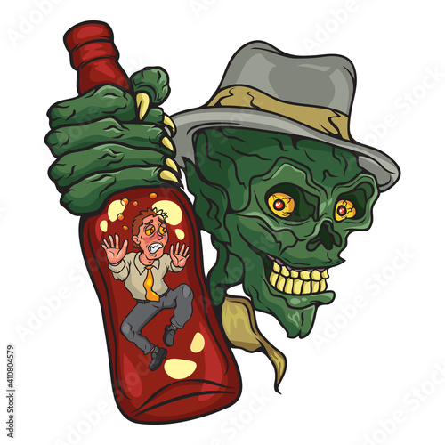 Alcohol addiction man in bottle, vector illustration cartoon