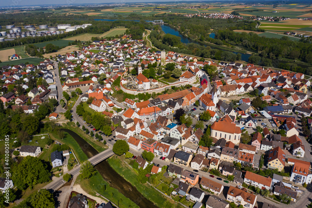 Aerial view of the city and castle Vohburg an der Donau in Germany, Bavaria on a sunny spring day	