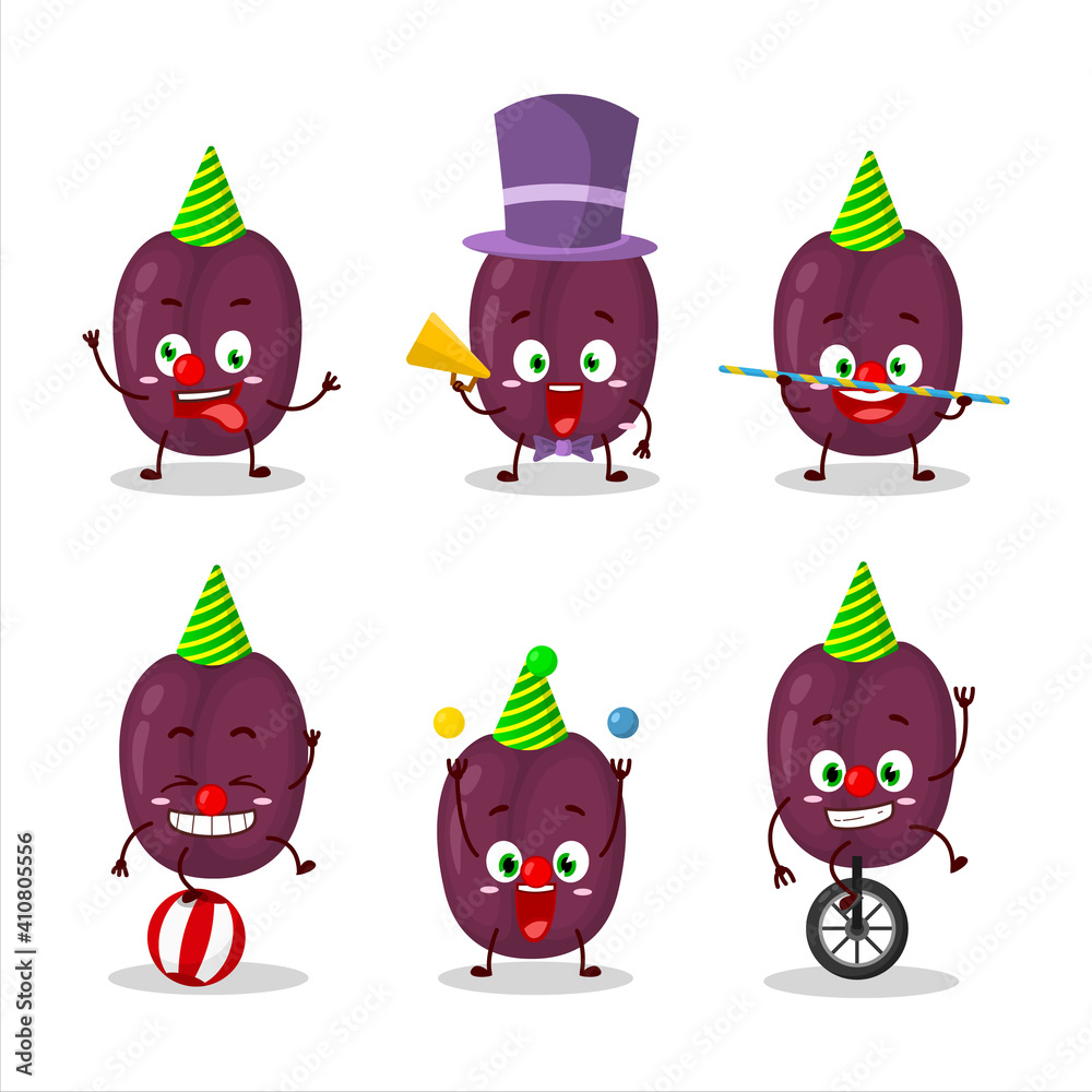 Cartoon character of plum with various circus shows