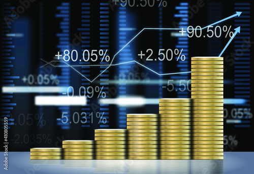 Stock market or exchange trading graphs and gold coins in double exposure graphic concept are suitable for all financial investment or business ideas, economic trends and art design. Abstract financia