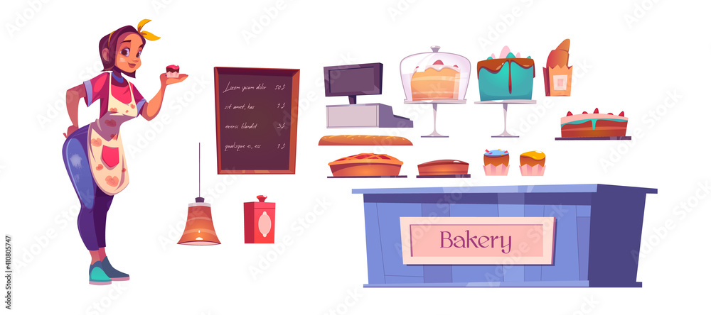 Woman chef and bakery shop interior set with counter, cakes, cashbox and menu chalkboard. Vector cartoon set of girl baker, fresh bread, pastry and pies isolated on white background