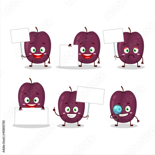 Plum cartoon in character bring information board