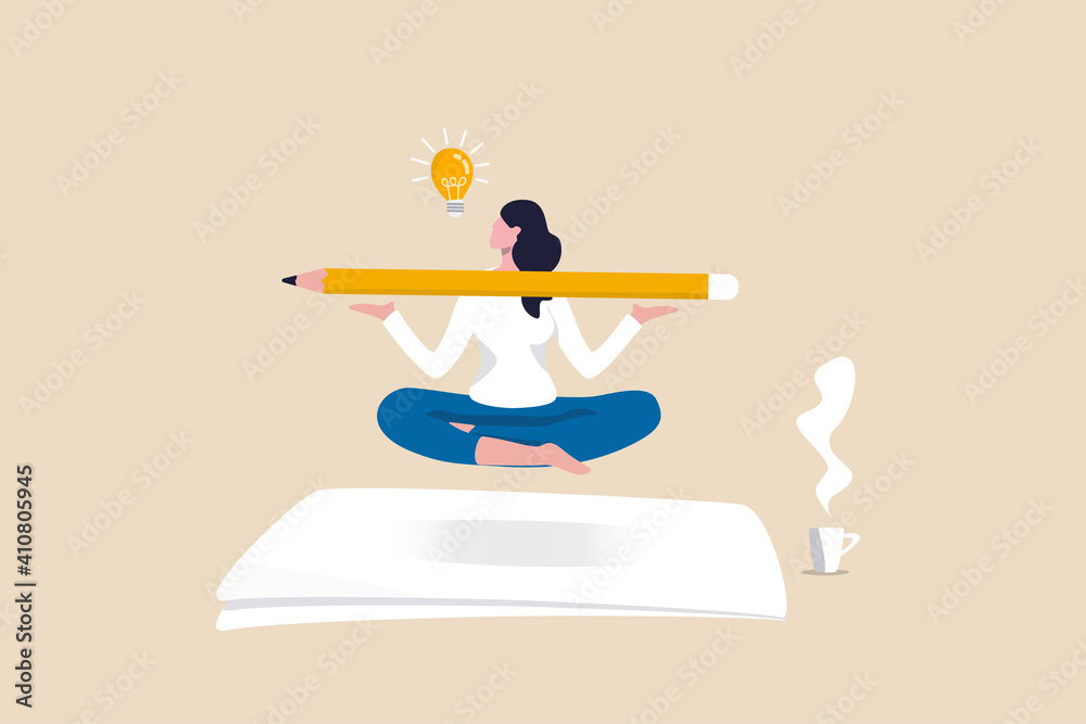 Writer inspiration, blogger, copywriter or journalist creativity concept, young woman writer meditate on blank paper and holding big pencil thinking about idea to write in her blog or journal.