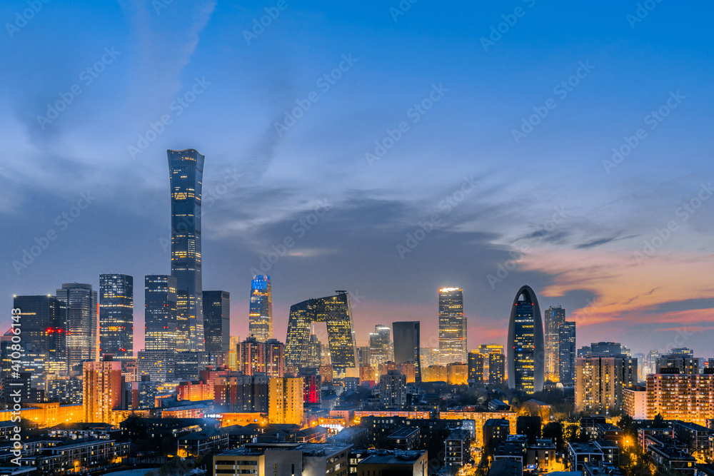 High-view night scenery of CBD buildings in Beijing, China 