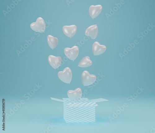 Open gift box with balloon heart floating on blue background, Symbols of love for Happy Women's, Mother's, Valentine's Day, birthday concept. 3d rendering
