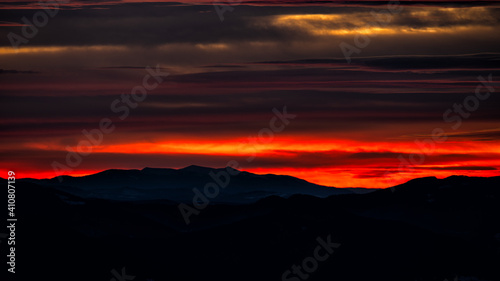 An awesome sky over the mountains. Mount Negrovets (Gorgany) seen from the Połonina Wetlińska, Bieszczady National Park, The Carpathians, Poland and Ukraine.