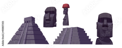 Ancient mayan pyramids and moai statues from Easter island. Vector cartoon set of south american landmarks, Chichen Itza and Kukulkan temples, stone sculpture isolated on white background