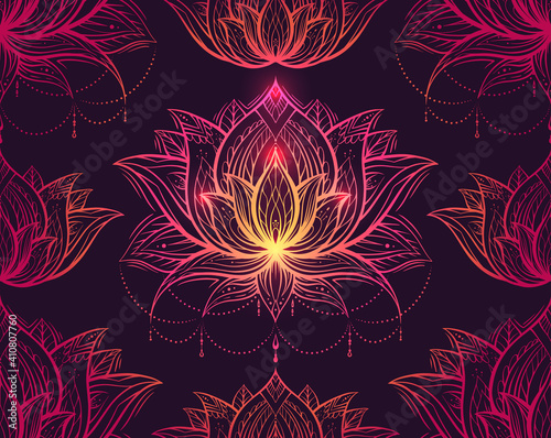 Seamless luxury tribal pattern with lotus with ornament on violet background. Luxurious contour texture with water lily flower. Natural wallpaper for spa centers. Meditation and sacred symbol.