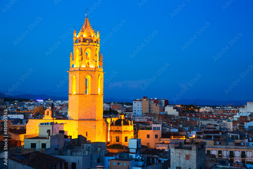 Picturesque cathedral in city center of Reus in evening