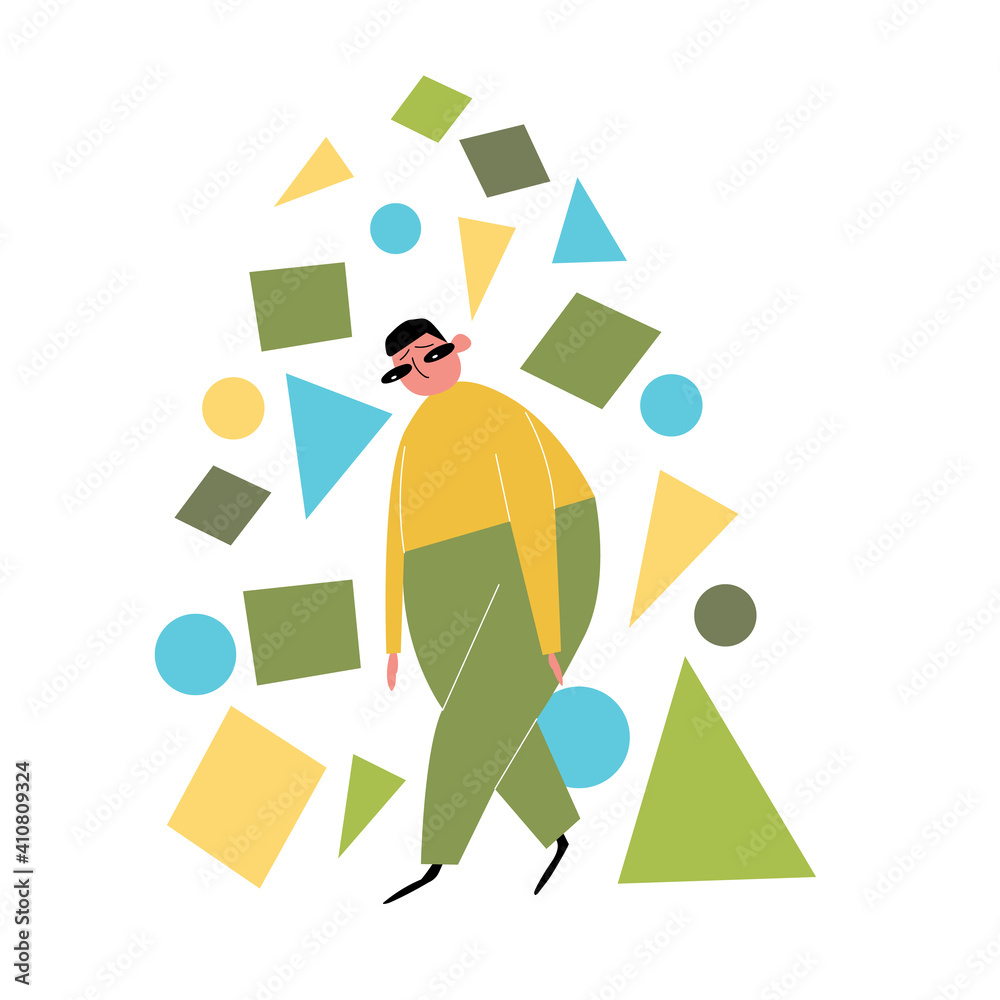 Cartoon character with geometric shapes. A lot of psychological problems. Procrastination. Color vector hand-drawn illustration. Flat style. All elements are isolated on a white background. Cartoon character with geometric shapes. A lot of psychological problems. Procrastination. Color vector hand-drawn illustration. Flat style. All elements are isolated on a white background.