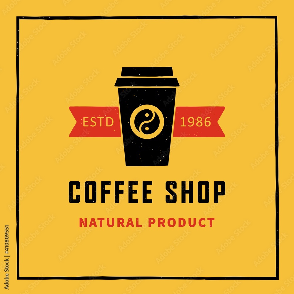 Colored illustration of a plastic cup, ribbon, text on a yellow background. Vector illustration in vintage style for signboard, poster and flyer. Coffee shop advertisement. Colored illustration of a plastic cup, ribbon, text on a yellow background. Vector illustration in vintage style for signboard, poster and flyer. Coffee shop advertisement.