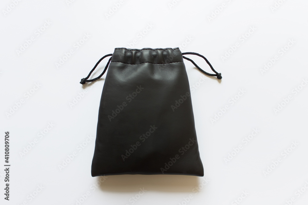 Template of black fabric bag with drawstring on white background. Template of black fabric bag with drawstring on white background.