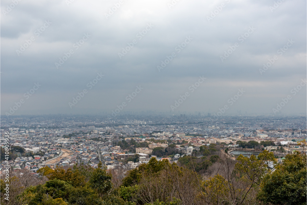 Distant view of Nishinomiya city, Osaka city from Kabutoyama forest park in Nishinomiya, Hyogo, Japan