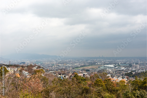 Distant view of Nishinomiya city, Osaka city from Kabutoyama forest park in Nishinomiya, Hyogo, Japan