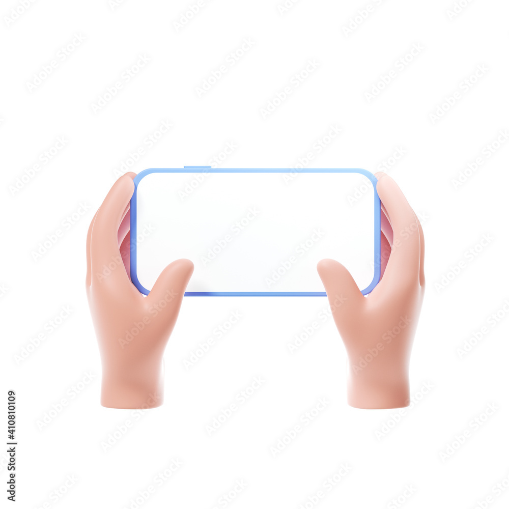 3D Cartoon hands holding smartphone horizontal way with blank screen on ...