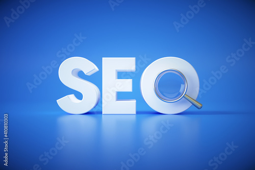 SEO search engine optimization concept logo with magnifying on blue background. marketing strategy, online social media search engine 3d render illustration