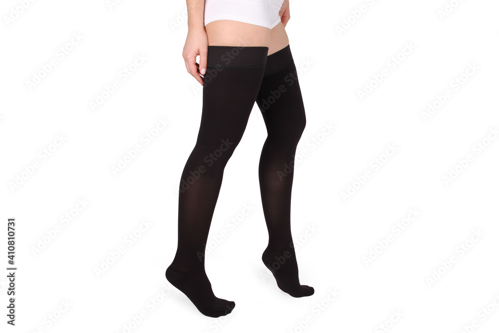 Closed toe stockings. Compression Hosiery. Medical stockings, tights, socks, calves and sleeves for varicose veins and venouse therapy. Clinical knits. Sock for sports isolated on white background Closed toe stockings. Compression Hosiery. Medical stockings, tights, socks, calves and sleeves for varicose veins and venouse therapy. Clinical knits. Sock for sports isolated on white background
