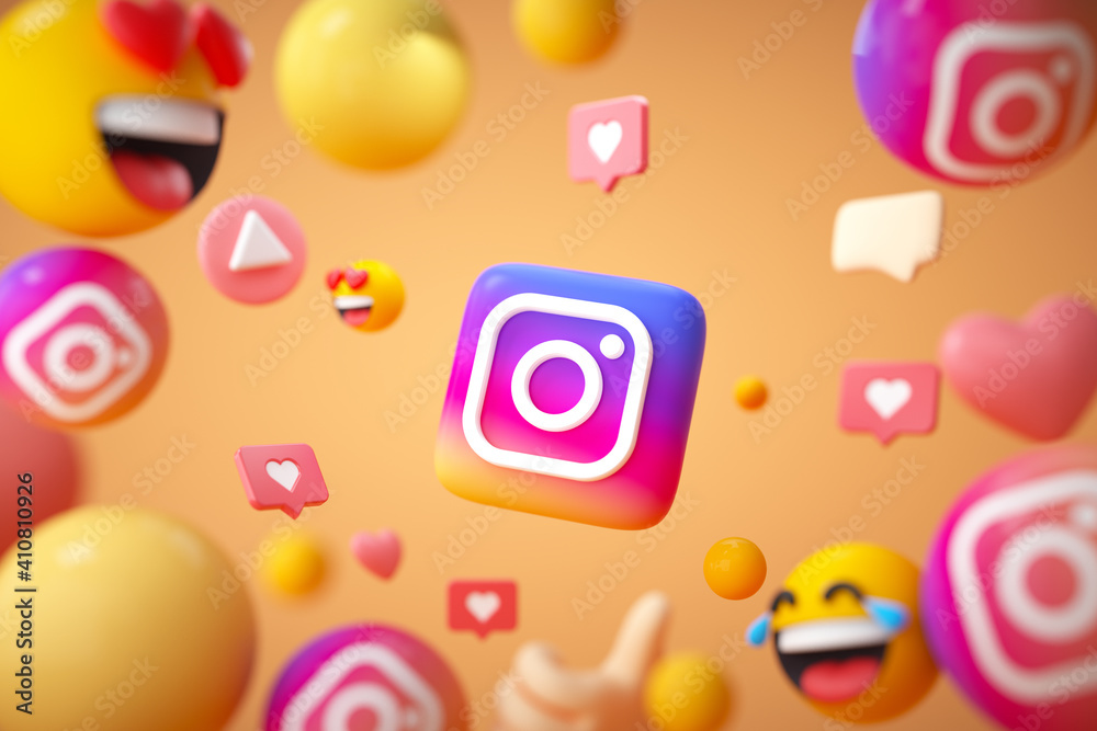 Instagram application logo background with emoji and floating objects.  Instagram social media platform. Stock-Illustration | Adobe Stock