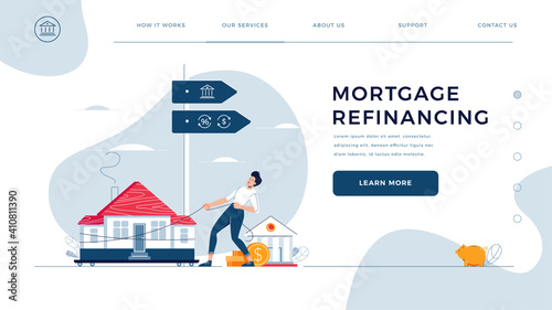 Mortgage refinancing homepage template. Man drags a home to the bank for house pawning with getting cash out. Re-mortgage, property refinance concept for web site design. Flat vector illustration